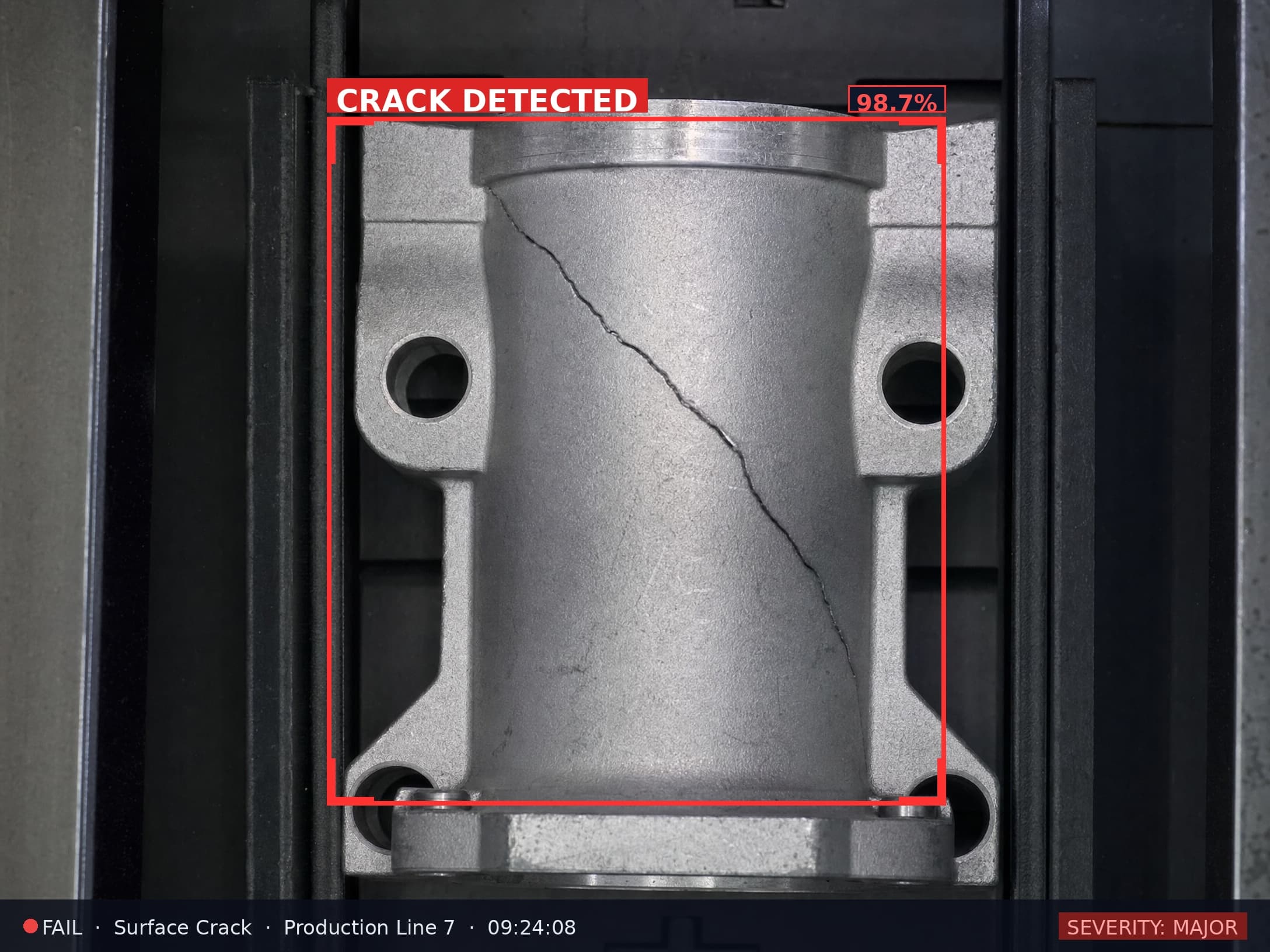VisionMetrics AI — Surface crack detected on machined housing, Production Line 7